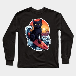 Black Cat Surfer Long Sleeve T-Shirt